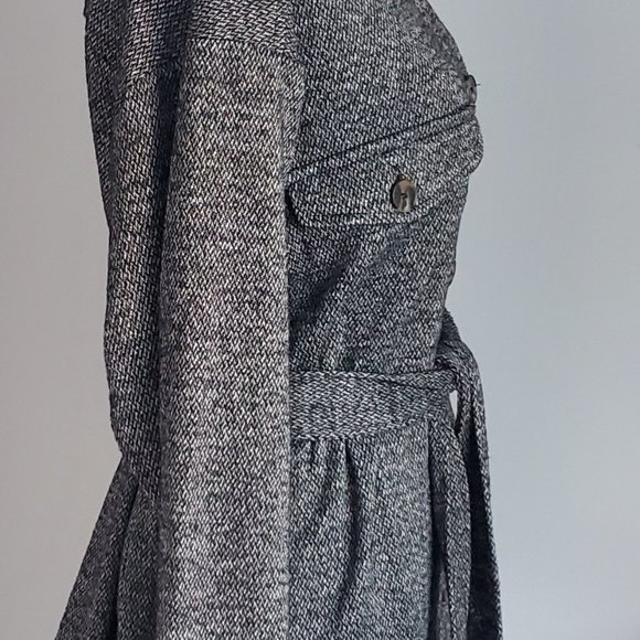 Tweed Style Fall Jacket Button Down Belted Heathered Grey Knit Pockets Cuffs - Picture 7 of 11
